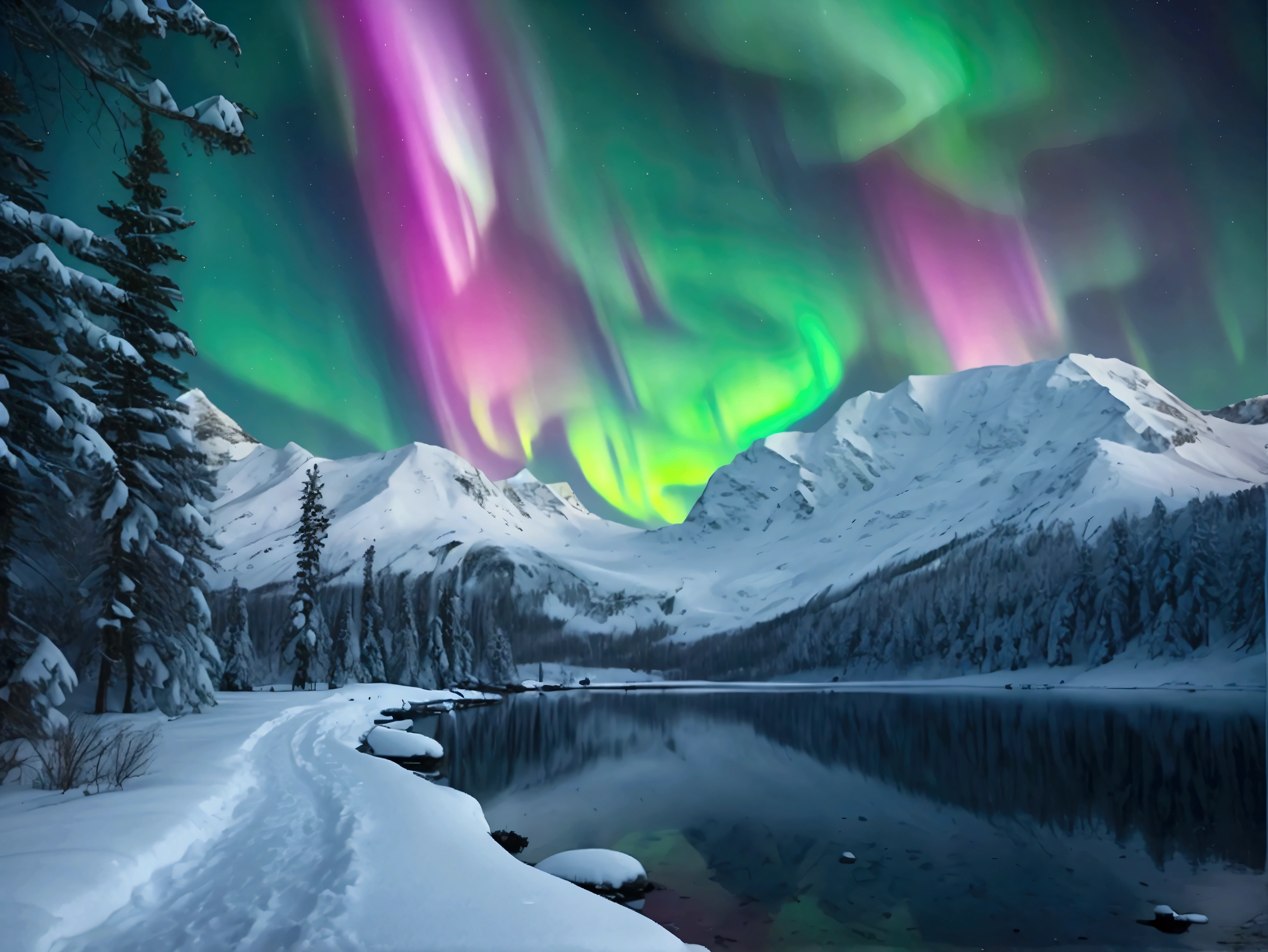 Aurora Borealis Sky、Snowy Mountain、lake、Photogenic beauty、Real