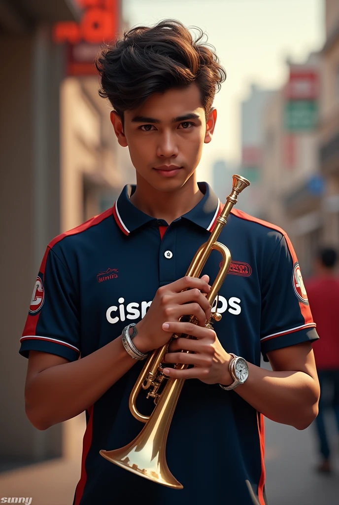 Young man wearing a navy blue shirt with red and white details that says "Cisneros" with trumpet