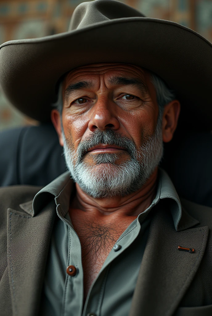 Middle-aged man with an authoritarian face, a rugged but delicate physical build, a penetrating gaze, a typical landowner&#39;s hat but fine Mexican-style clothing, dead 