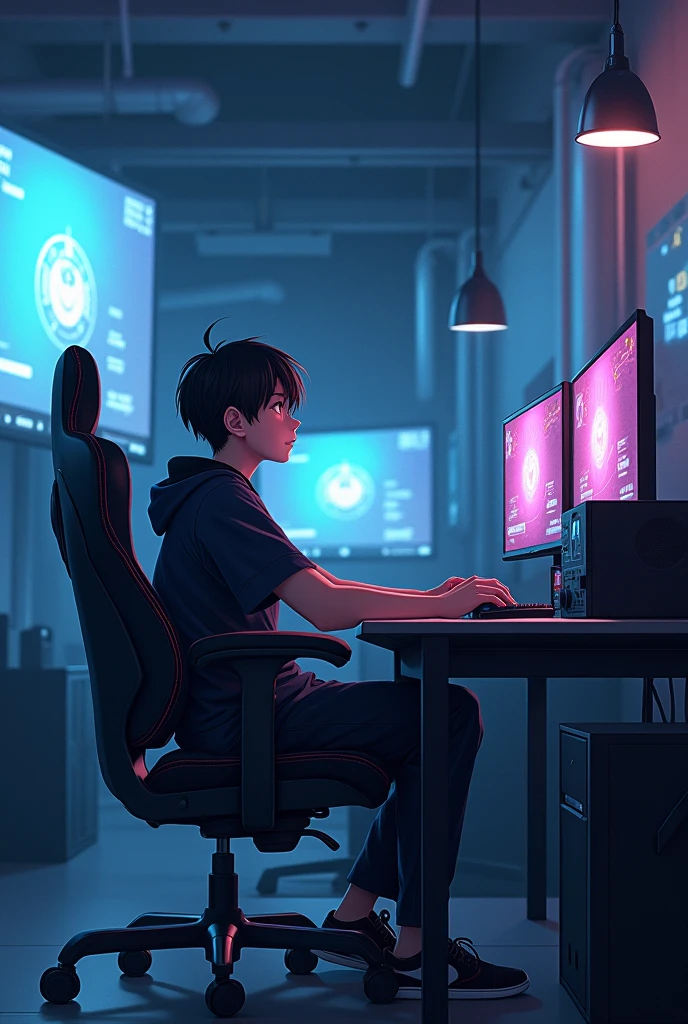 masterpiece, best quality), (Complex lighting), 1 boy, Solitary, , black eyes, Smile, Sit in front and play games, background in the esports room,(Sulfur storage),anime boy