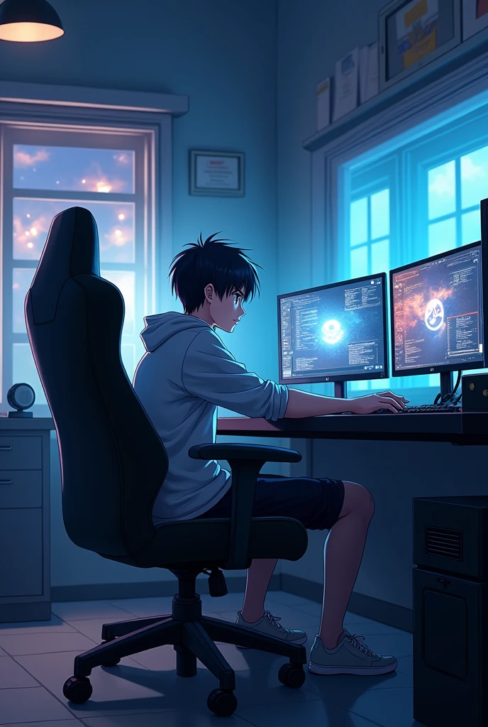 masterpiece, best quality), (Complex lighting), 1 boy, Solitary, , black eyes, Smile, Sit in front and play games, background in the esports room,(Sulfur storage),anime boy