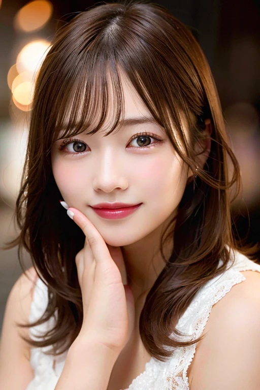 whole bodyを映した、(Skin wounds:1.2), (Skin Dentition), black eye, 1woman, Age 25, (((woman))), alone, Realistic, Highest quality, photoRealistic, masterpiece, 8k, High resolution, alone, cute、Ruthlessly detailed face, (Professional Lighting, Bokeh), (Particles of light, Lens flare, Glowing particles:0.6), nice, Are standing, Maintain the original face proportions,whole body, (Medium Hair), Brown Hair, Floating Hair, lips, lipstick, seductive smile, Floating Hair, smile, Open_mouth, teeth, eyelash, Mole, (Mole under eye:1)、View from below