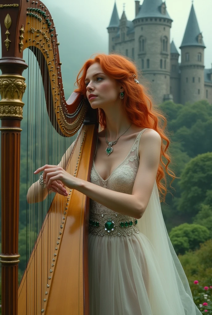 A fantasy, beautiful girl playing Harp, she's wearing a white sheer transparent sexy dress, she has large breast and long ginger hair, her dress is very low cut revealing clearage, she is wearing emeralds and silver, there is an Irish castle in the background, she is the most beautiful woman in the world, with a soft smile