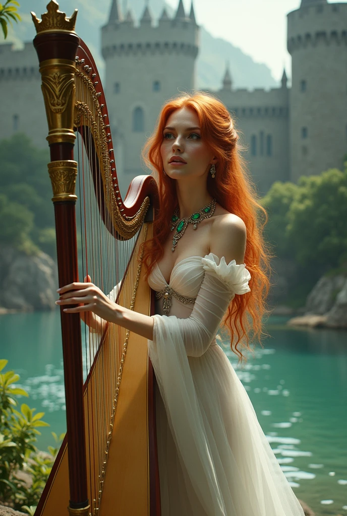 A fantasy, beautiful girl playing Harp, she's wearing a white sheer transparent sexy dress, she has large breast and long ginger hair, her dress is very low cut revealing clearage, she is wearing emeralds and silver, there is an Irish castle in the background, she is the most beautiful woman in the world, with a soft smile