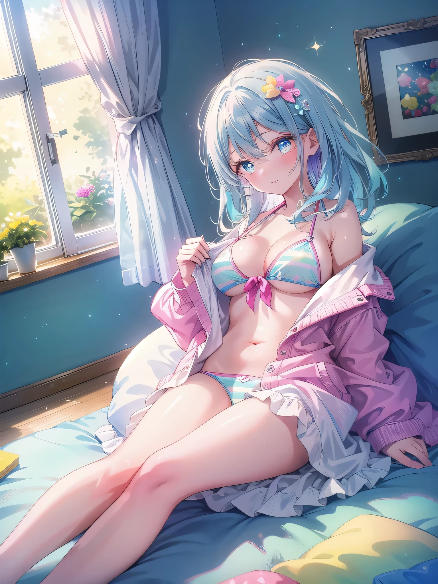 ((8k, Highest quality, masterpiece: 1.3)),Ultra-high resolution,(1 girl, alone), (Color changing eyes, Ultra-detailed, Expressive brilliance, Glitter, Glowing Eyes), Highly detailed eyes, Highly detailed face, Random Hair, ((pastel colour)),A young woman with pastel blue hair lies on her back on the floor of her cozy bedroom, legs spread out casually. She’s dressed in an oversized men’s white dress shirt that is unbuttoned, exposing her vibrant pink bikini. The camera angle is from above, capturing her relaxed expression as she gazes upward. The shirt falls open, revealing the contours of her bikini-clad body, while the soft carpet beneath her adds a layer of comfort to the scene. The natural light filtering through the window creates a gentle, soothing ambiance.