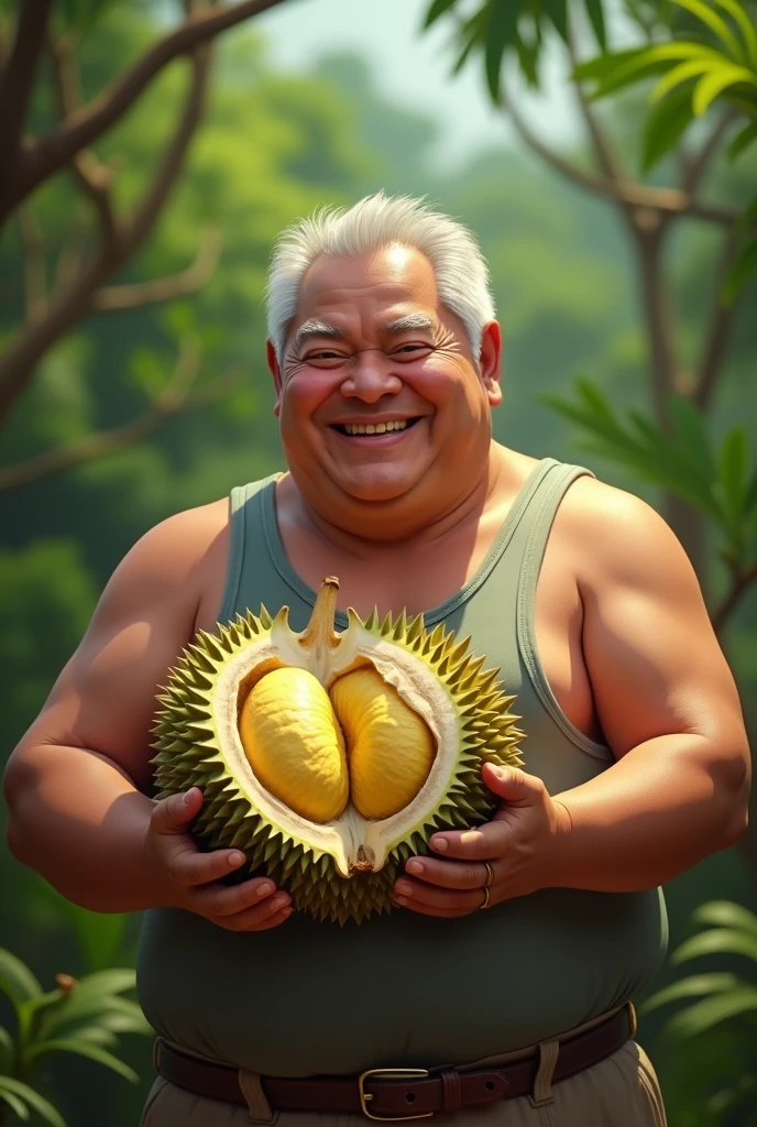 A mid-age tanned skin chubby man smiling while holding a "musang king" durian