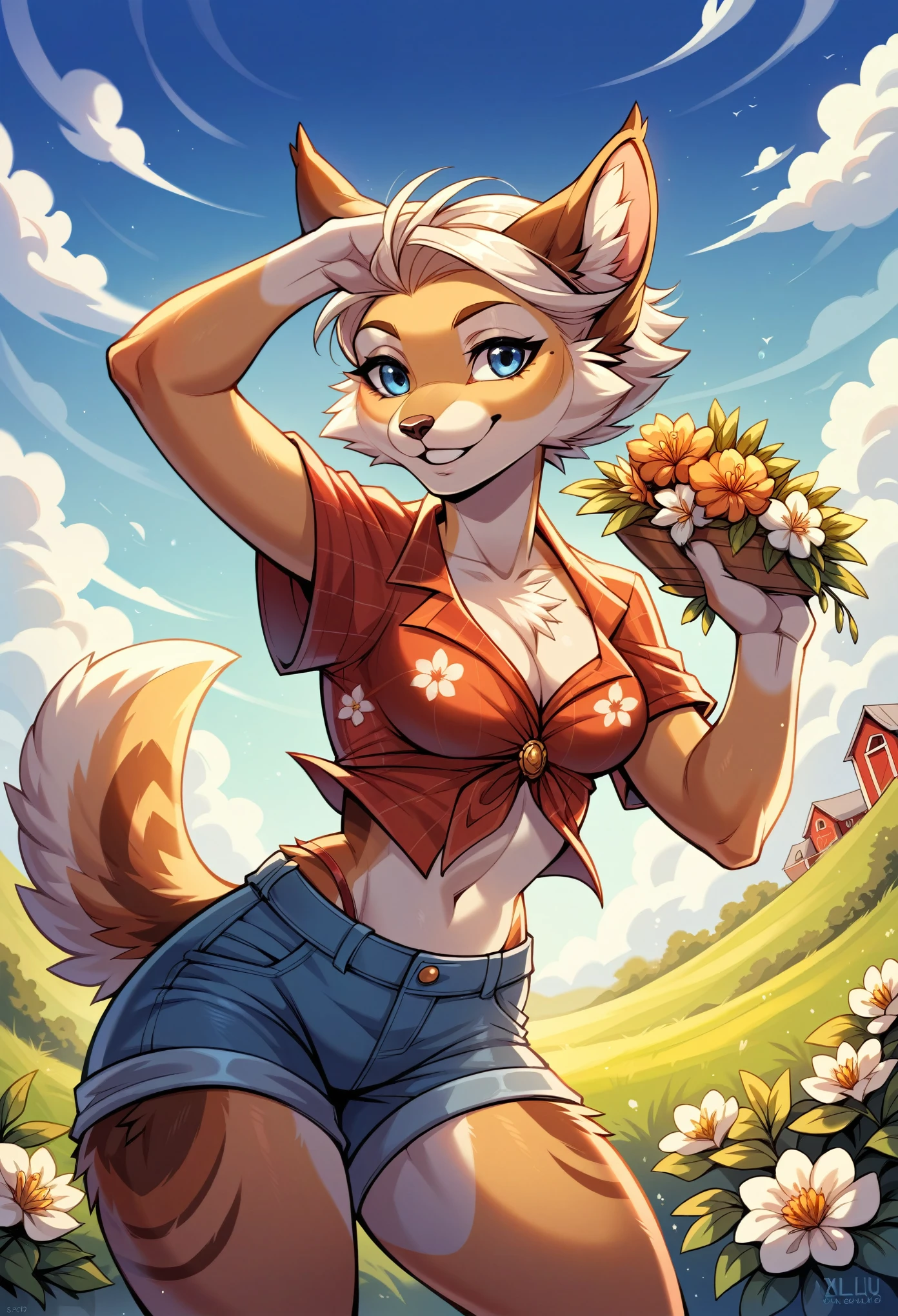 rating_safe, score_9, score_8_up, score_7_up, score_6_up, score_5_up, score_4_up, hires, source_furry(one scene of movie)nature, farm, Blue sky, clouds, florals Beautiful garden(furry anthro, solo, girl, casual fashion, Relux pose, Smile)cinematic lighting, dynamic angle,