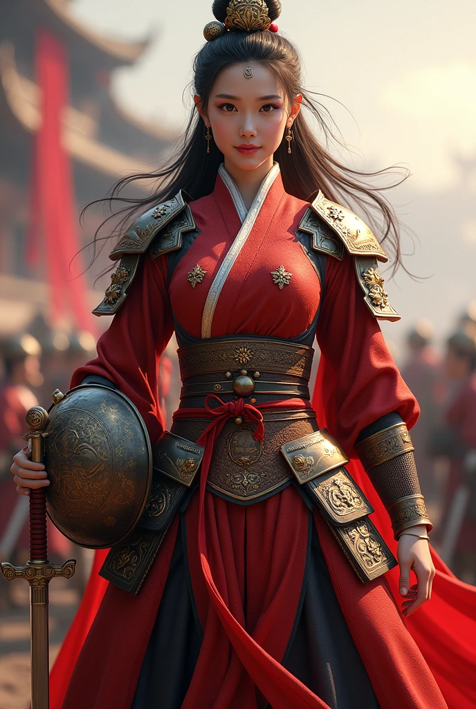 masterpiece,High-definition CG illustration,Mulan, the ancient Chinese female warrior,Fan Bingbing's face,Holding a sword in one hand,Helmet in one hand,Extra Large Model,Detailed eyes and face,Tall figures,Brunette,All-Armor Clothing,Knee-high boots,Bright armor color,Exquisite decoration,Attractive temperament,Tall figures,Wide ass,Thick thighs,A magnificent sight,War Scenario。