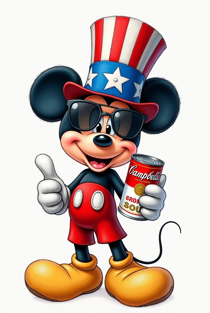 Hand drawn Mickey Mouse, wearing a blue and red American patriot hat, holding a can of Campbell's soup and wearing Louis Vuitton logo sunglasses.