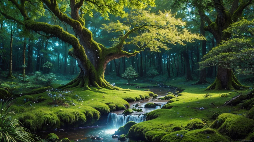 ((masterpiece)),((Highest quality)),((High Detail)), nobody, background, Mysterious Forest, Big tree, Fairyland, Glowing Flower, Sparkling, magic, pastel colour, Glowing Tree, Luminous moss