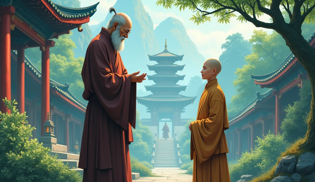 Chinese Old monk sensei standing, ​monk student, talking, surrounded by temples, beautiful trees, in anime style, beautiful scenario,
