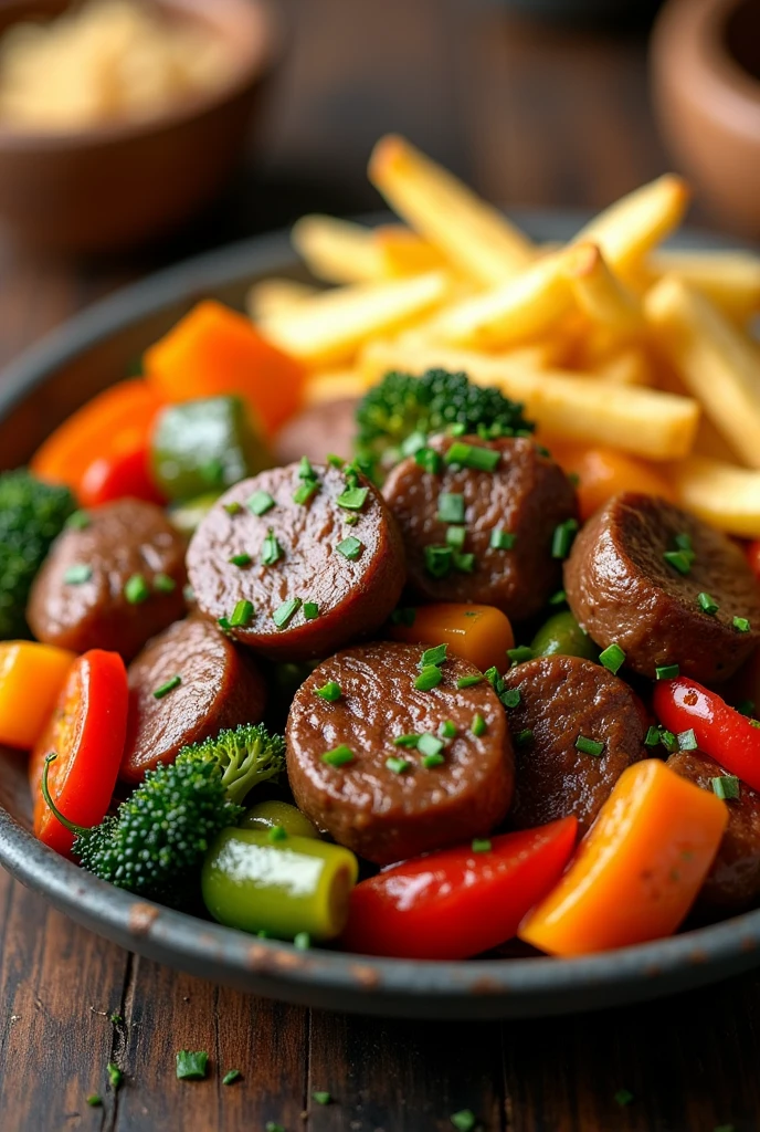 Du rognon de bœuf émincé sautées aux légumes avec accompagnement frites