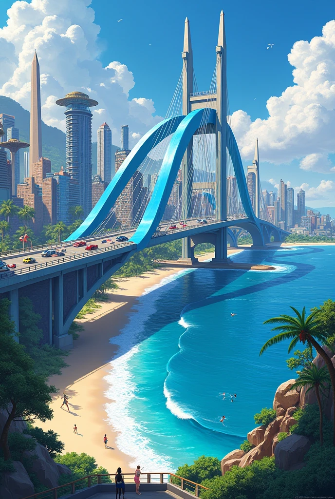 (work of art)), (detailded), 1 city with a very beautiful big and modern blue bridge , with many cars passing by it. On one of the edges of the tip there is a beautiful beach with strong waves where surfers surf. The other side of the bridge with colorful and large buildings. The buildings have hanging gardens on their tops, There is a large obelisk in the city and a statue of the sun and moon. big city