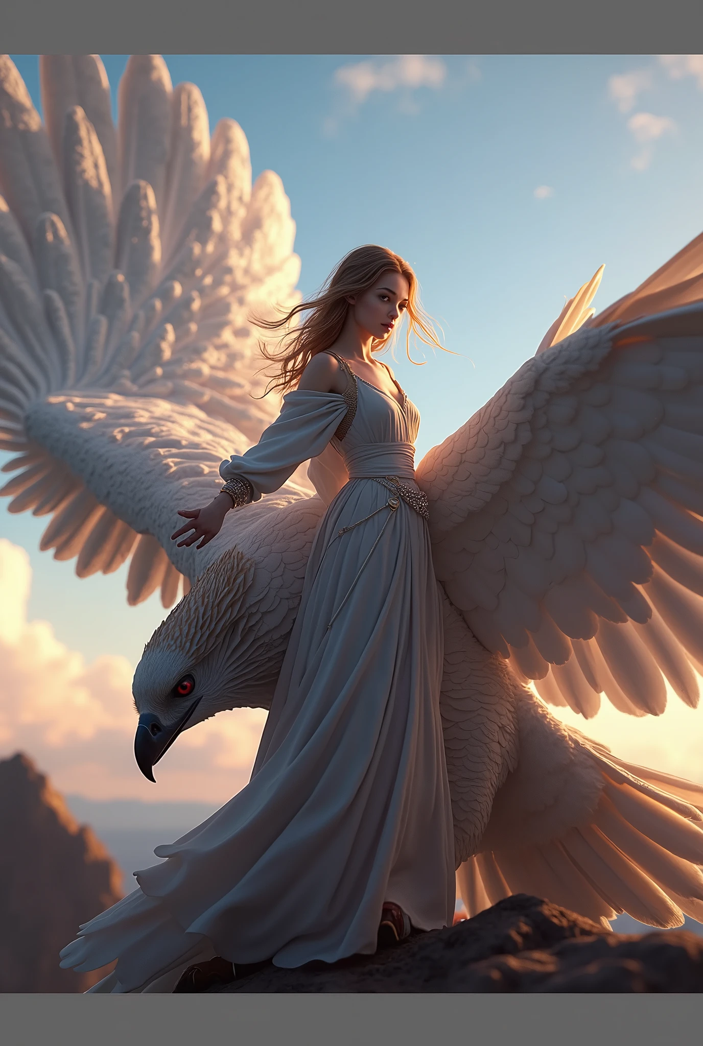 1girl,standing on giant falcon,masterpiece,best quality,beautiful,extremely detailed CG unity 8k wallpaper