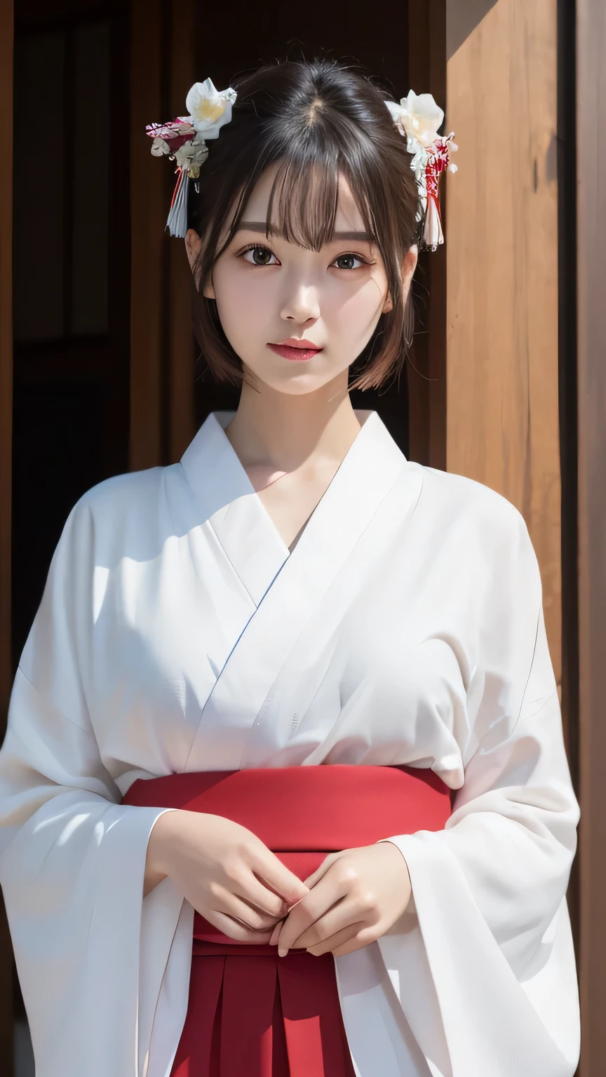 short hair、(Photo realistic:1.4)、(Surreal:1.4)、(Realistic:1.3)、 (Gentle lighting: 1.05)、(Improve the lighting quality of the video:0.9)、32K ...、 One person、20-year-old girl、Photorealistic Lighting、Backlight、Facial Light、Ray-tracing、(bright:1.2)、(Improvement of quality:1.4)、 (Highest Quality Real Texture Skins)、Beautiful Eyes,Delicate and elegant face、 (Tired, sleepy and satisfied : 0.0), Face close-up, White kimono、Red long skirt、Shrine maiden costume : 1.3, ((Closing the collar of a kimono)), Glowing Skin、Korean Idol、Nogizaka Idol、Burning idol pose、Beautiful actress、A proper woman、 whole body
