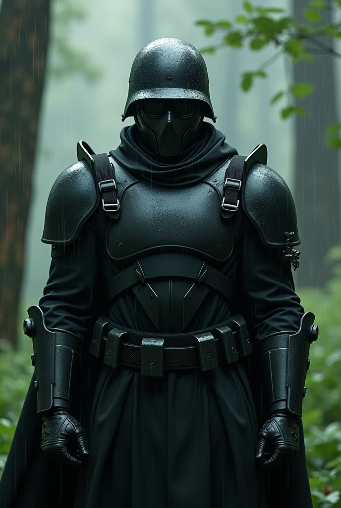A man dressed in black, Wear a sun visor, The face is completely covered by an iron mask with glasses, Wear the M35 helmet.
The setting is a beautiful forest, it's raining