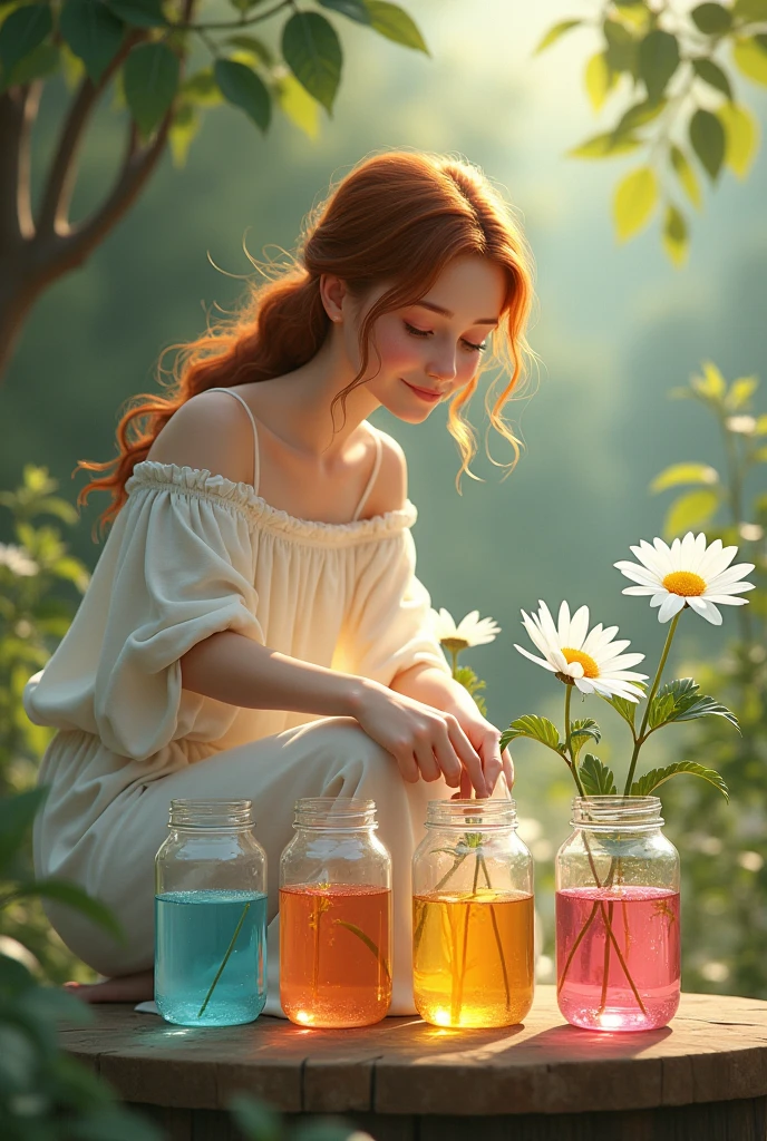 Create an image of a character named Lily placing white flowers in different colored water jars, and then saw the flowers change color.