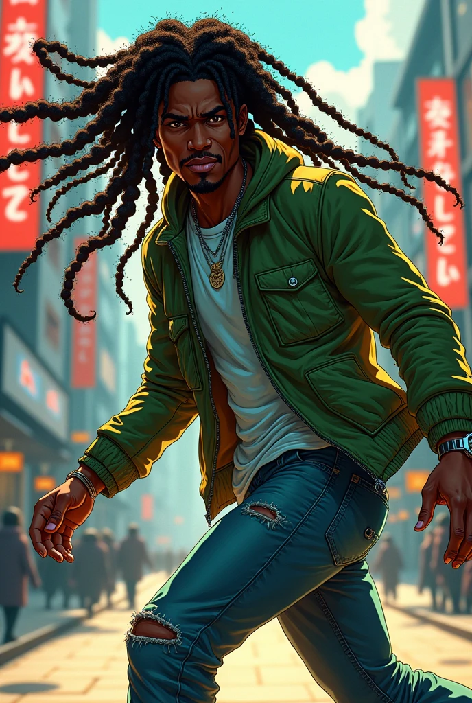 manga character, man, peau noir, long braided hair, green jacket , roller dancer