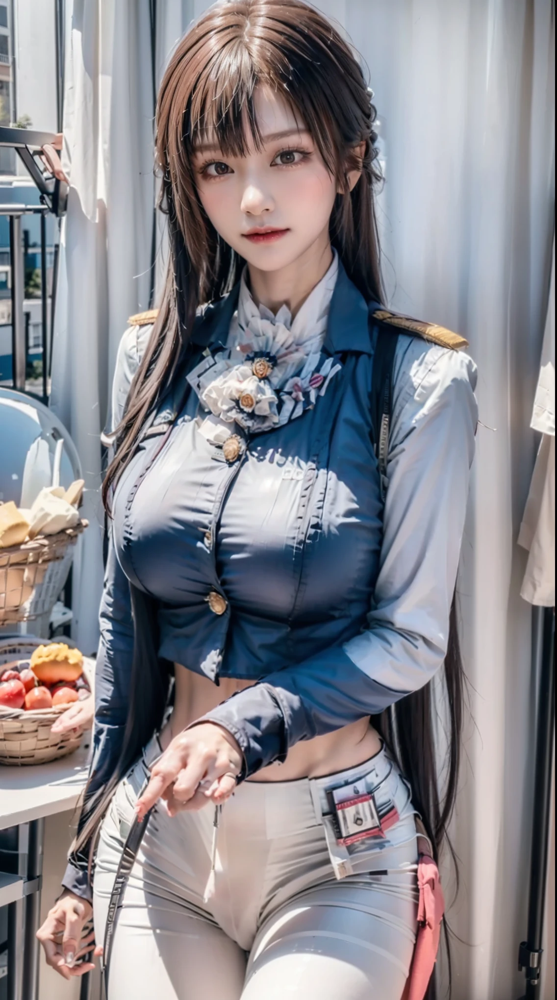 ultra-detailed、(8k、Highest quality、masterpiece:1.2)、(Realism、Realistic:1.37)、Ultra-high resolution、detailed face、(Highest quality)、(masterpiece)、Marciana,black long hair,long sleeves,navy blue tops,((white skinny pants:1.5)),perfect big breast,perfet big hip,perfect tights,glamorous body, school gym, tsurime, beautiful detailed eyes, expressionless:1.5, serious:1.5, parted lips,hand in own hair, Low Angle,standing,