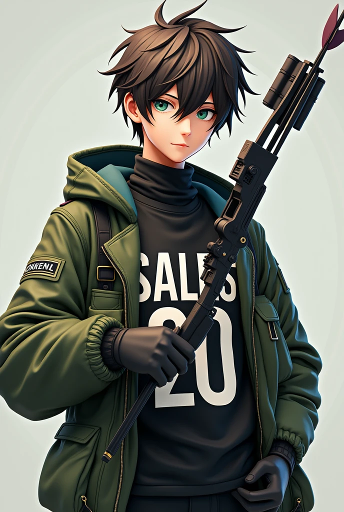 Anime theme brown color green military type hair black turtleneck shirt with the name SALES 20 in capital letters and a hunter style bow and arrow 3D male character