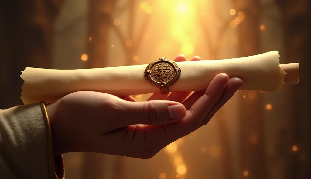 A close-up of a hand holding a tightly wrapped scroll with a seal of hope, with a radiant light emanating from it, symbolizing fulfilled expectations and divine promises. ar 16:9