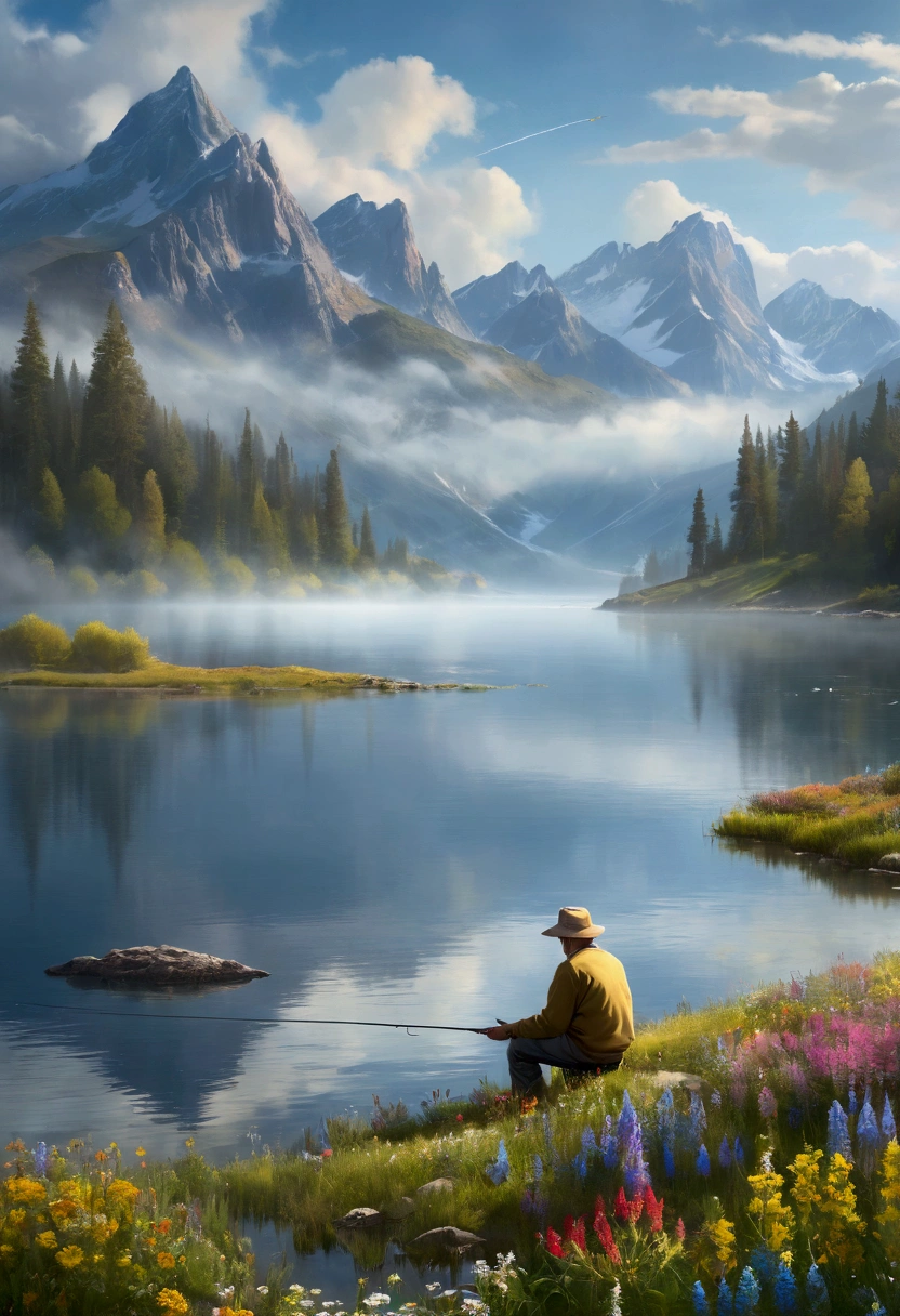 a beautiful golden fishing rod, a serene lake, calm water, mountains in the background, misty atmosphere, sunlight peeking through the clouds, colorful wildflowers surrounding the lake, a lone fisherman patiently waiting, extremely detailed, photorealistic, 8k, highres, vibrant colors, natural lighting, serene landscape, fishing scene