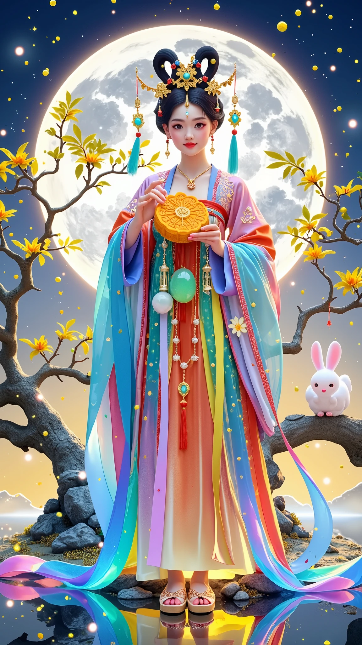 [Vision:1.0]，[Wide Angle:1.0]，(poster design:1.9)，Three-dimensional ancient style，Vibrant Chinese Aesthetics，Elegant ancient Chinese fairy，Chang&#39;e，Dressed in gorgeous phoenix crown and bridal robe, Hanfu，Mooncake in hand，Moon Rabbit，Starry Sky，osmanthus tree，Half mooncakes with flowing filling，(whole body:1.4)，Vibrant colors，Sparkling clothing，Embraces Flashing Stone Texture，semi-transparent crystal material shoes，iridescent gradient fluorescent ribbons，Exquisite，Light Wave，Tradition，Exquisite，Perfect composition，Ultra HD，Crescent earrings，Raise your eyebrows，Jade Phoenix Branch，Forehead Gem，(Look directly at the audience:15)，Surrealism，uhd，masterpiece，precise，Anatomically correct，Textured Skin，Super Detail，8k