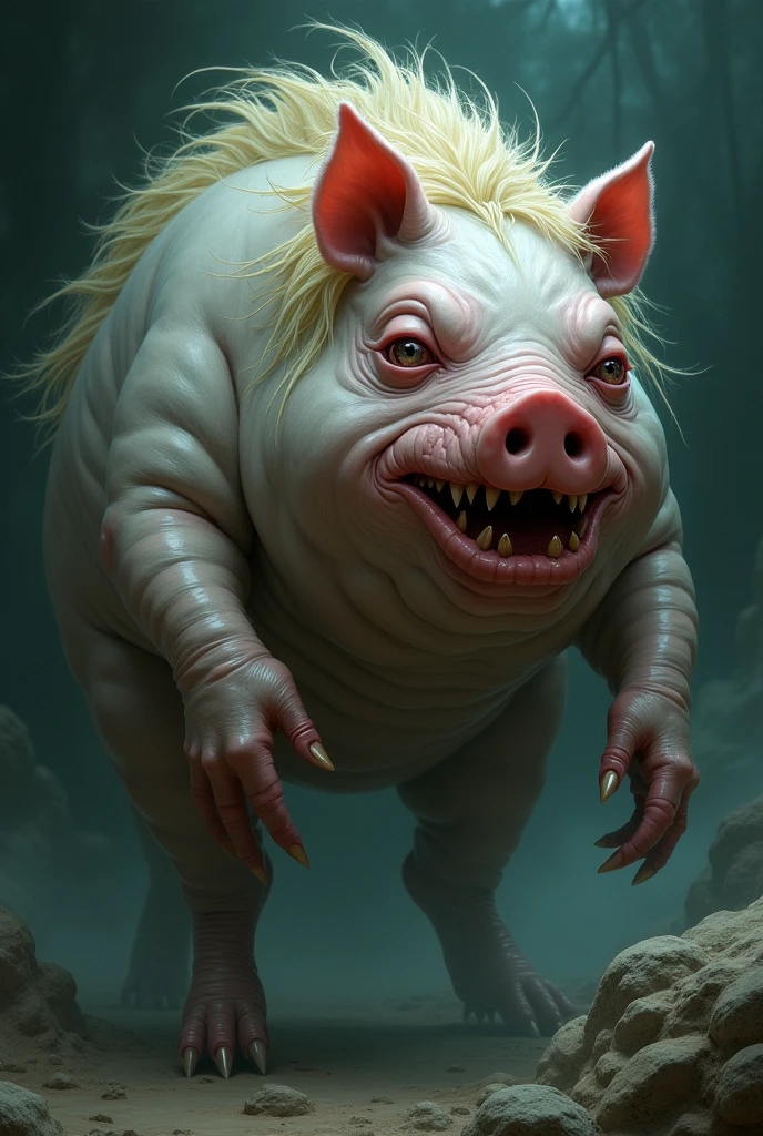 mythical creature, mixture of blobfish and pig, dark fantasy, Full body view, Long fangs, carnivore, red eye, long blond hair