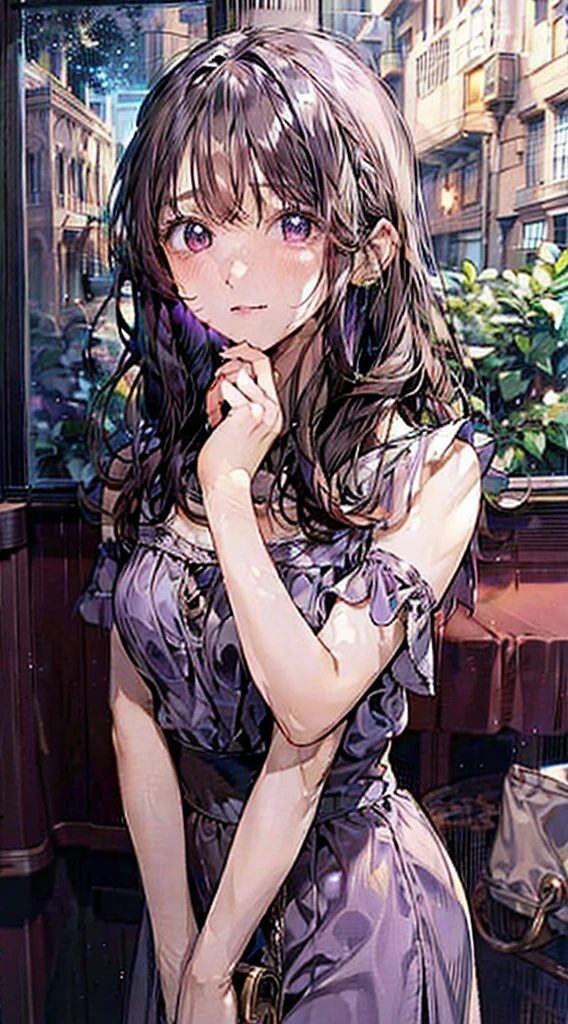 Detailed Background, masterpiece, Highest quality, 1 person , Curly Hair, Long Hair, Purple eyes, Stars in my eyes , Strapless blouse, Long skirt
