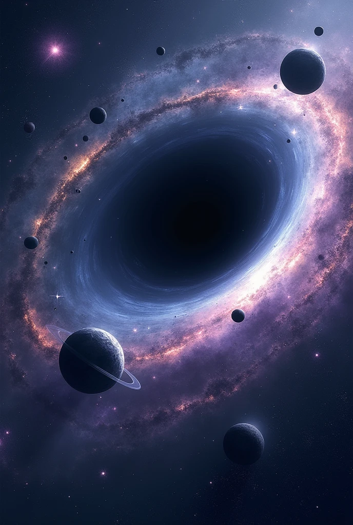 Super massive black hole surrounded by planets and stars orbiting it and a buteful space background with many galaxies. Black,blue, purple,colour to be used. Planet and stars should orbit like elections around an atoms center