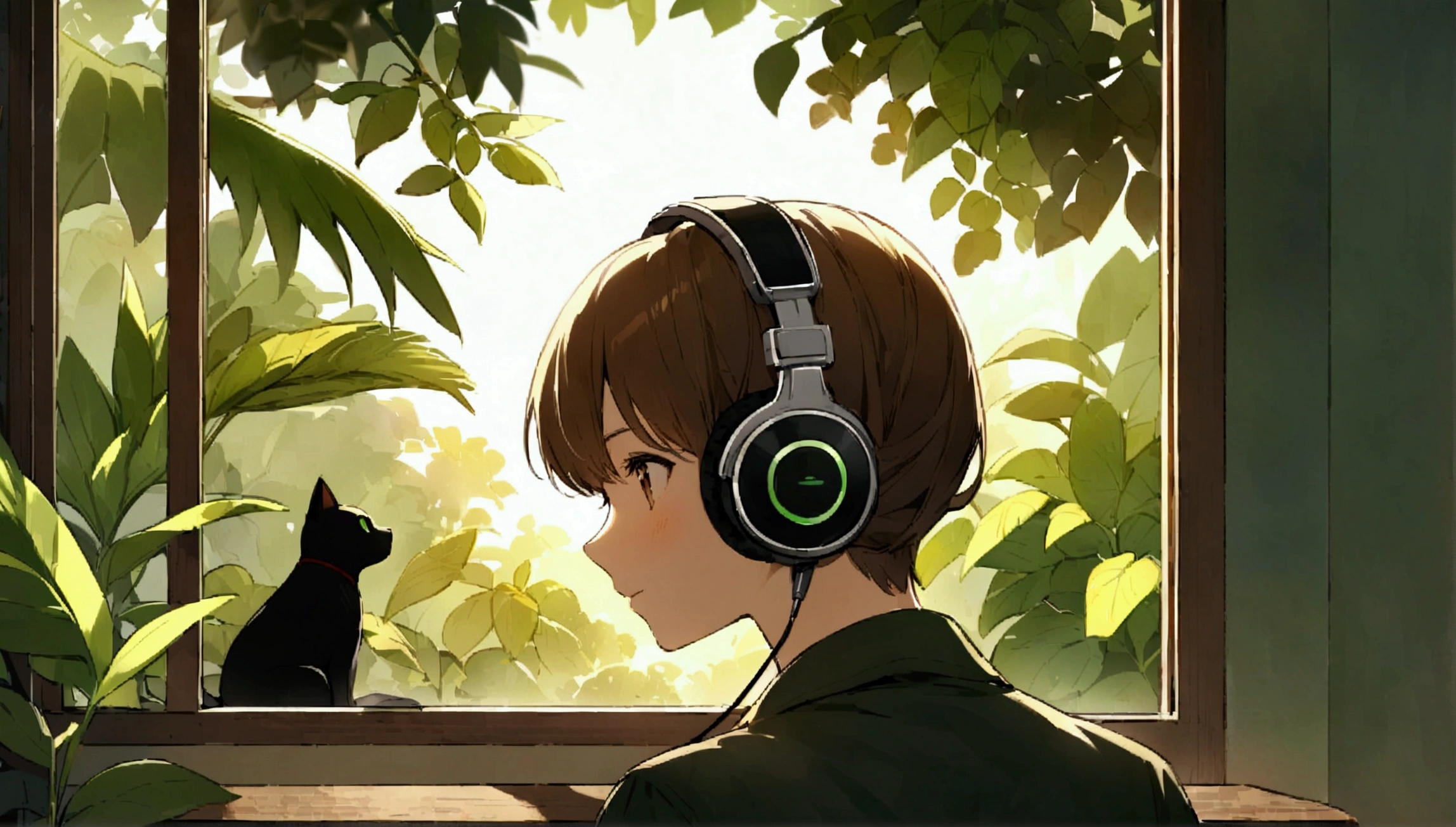 A calming brown and green room、Back view of a person wearing headphones、Listening to music and looking out the window、The sun shines through the window、The black cat is sitting next to me、Foliage plant、