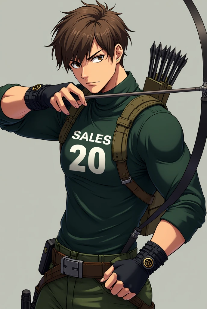 Anime theme brown hair color military cut green black turtleneck shirt with the name SALES 20 in capital letters and a bow and arrow hunter style 3D male character