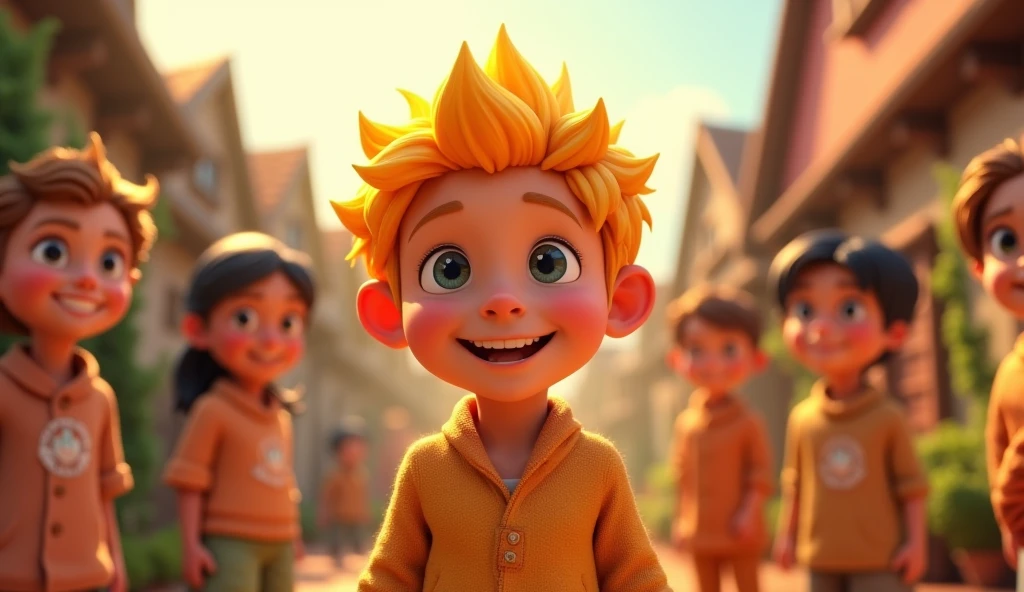 Generate 3d, Cinematic, vibrant Cartoon image.The villagers lovingly name him 'Little Sun.'