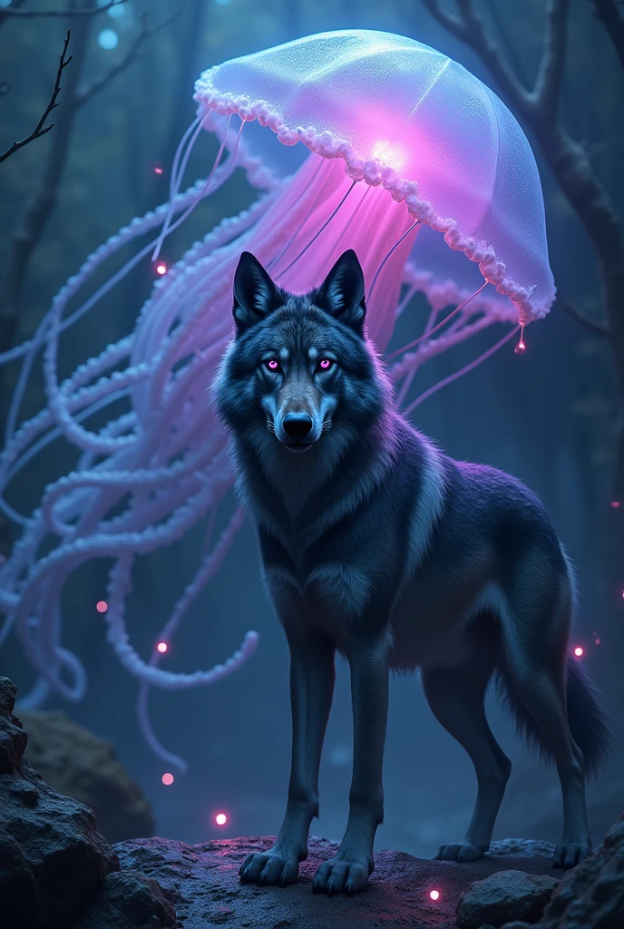 Dark wolf and big blue and purple jellyfish, romance, magie, lights, darkness background, 品質, wolf with purple eyes, wolf in the middle, looking forward, the living waters to fear
