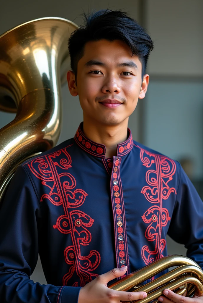 Young man wearing a navy blue shirt with red and white details that says "Cisneros" with tuba