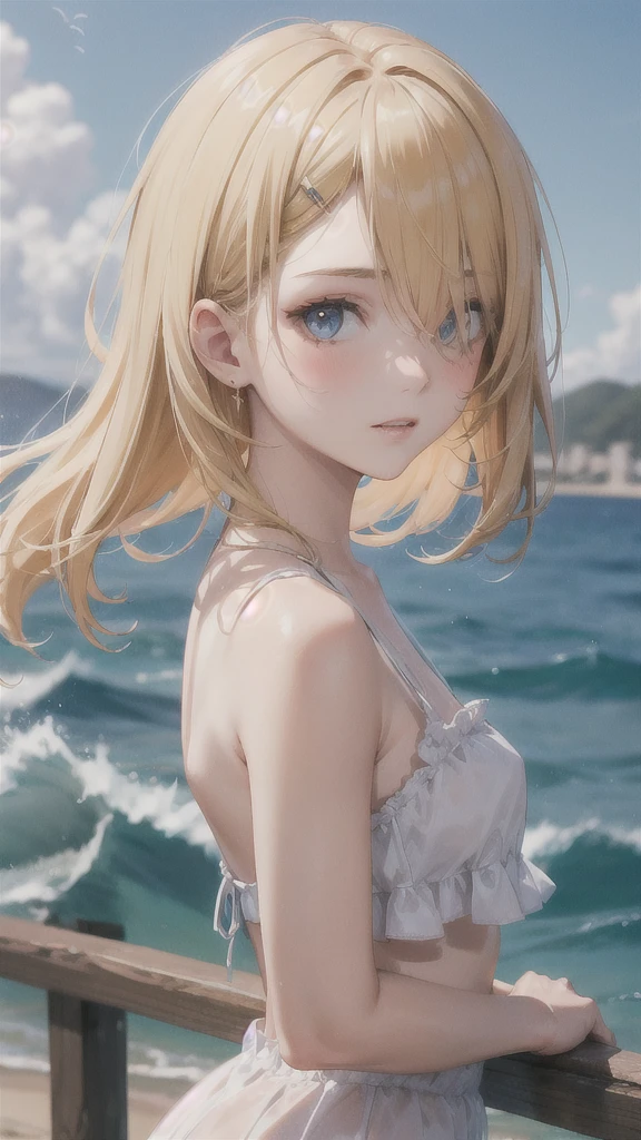 European girl portrait,alone,20-year-old,Beautiful Face,whole body,Hair on one eye,Medium Sidecut, Blonde, Sharp focus,With the sea in the background,