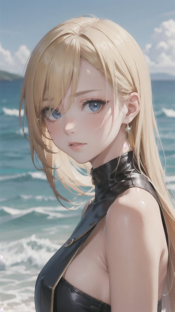 European girl portrait,alone,20-year-old,Beautiful Face,whole body,Hair on one eye,Medium Sidecut, Blonde, Sharp focus,With the sea in the background,