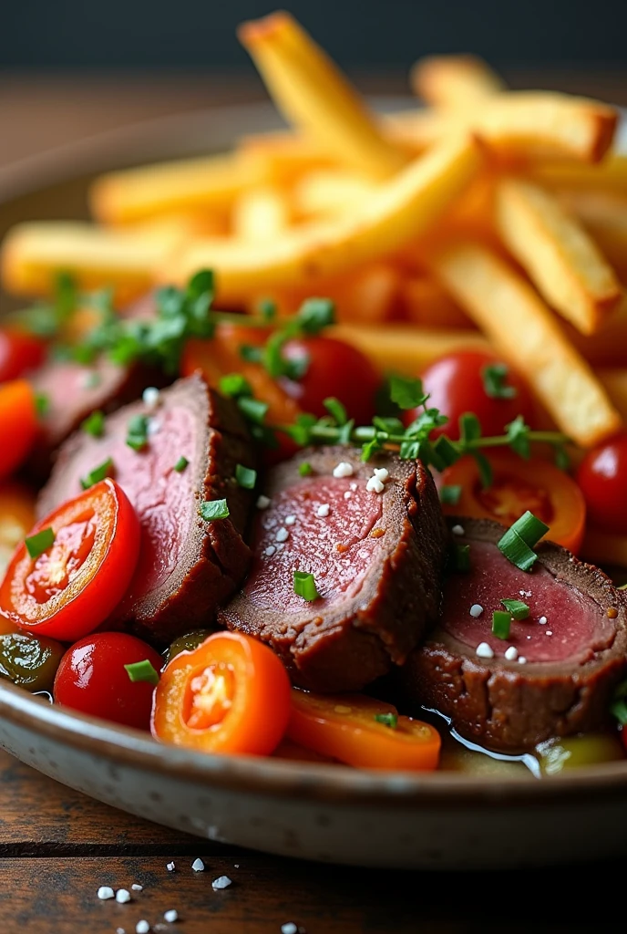 Du cœur de bœuf émincé sautées aux légumes avec accompagnement frites