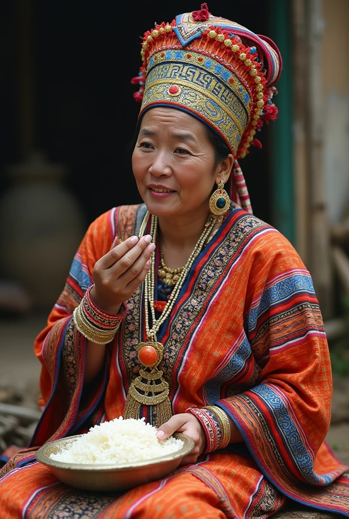Wearing Burmese Chin State Zomi Traditional Dress eating Rice