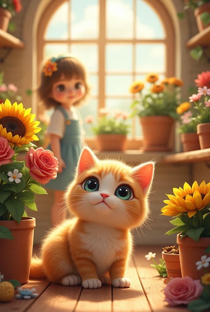 A cute cat with round eyes, Outside in the flower shop, sunflower and Rose, flower pots, with cute girl