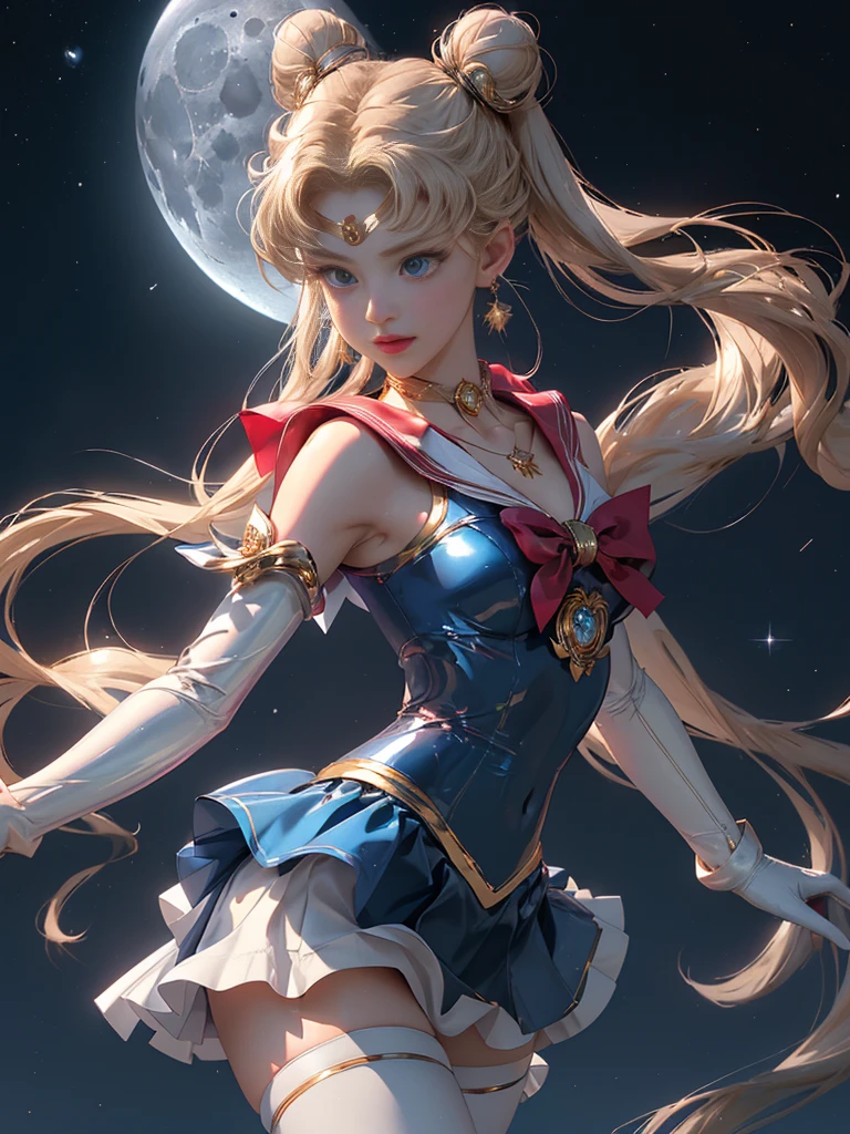 masterpiece、ful:1.3、stands、8k、。.3d、realisitic、Ultra Micro Photography、top-quality、Wallpapers with extreme details CG Unity 8k、frombelow、intricate detailes、(1 female)、28 year old、(Sailor Moon:1.6 Super Bishoujo Senshi Sailor Moon Mer1、meishaonv,tierra、Sailor Senshi Uniform Sailor:1.5、sailormoon:1.5,Eternal Sailor Moon)、(Incredibly long bright twin-tailed blonde:1.4、Thin and very long straight twin tail blonde, Hair buns、Red round hair ornament in a hair bun)、((Sailor Senshi Uniform:1.4、Metallic blue collar,Sailor color in metallic blue,Metallic Blue Pregate Ultra Mini Skirt:1.5、very large red bow on the chest,,Long white latex gloves,Red gloves on the elbows、Bare upper arms,Luxurious golden tiara on forehead、耳Nipple Ring,Luxurious Golden Jewelry Decoration、high leg swimsuit))、Very thin and fit high gloss white holographic leather、High Gloss White Silver Latex SEXY High Leg Cut Swimsuit That Shines Like Oil,Pants are visible,Sexy Model Pose:1.2、dynamicposes:1.2,huge white wings on the back(Details of face:1.5、Blue eyes、Beautiful expression、beautidful eyes、Outline of the iris, Eyes with highlights、thin lipss:1.5、thin and sharp pale eyebrows,、long eyeslashes、Double eyelashes、Thin, thin and muscular,,a small face、tall and large chest、perfectly proportions、big breasts thin waist、Visible Pore、seducting smile、perfect hand:1.5、octan render、highly dramatic picture、(Lunar divinity,cosmic background、rays of moonlight、a moon、Dynamic backgrounds、exquisite lighting and shadow、dynamic ungle、Detailed background),Strong natural light、sunlights、Digital SLR、sharp focus: 1.0、Maximum clarity and sharpness、mecha musume,(Rabbit, Double bun, Twin-tailed, Parted bangs, circlet, Jewelry, earrings, Choker, Red bow, White Gloves, elbow groves, Blue skirt)