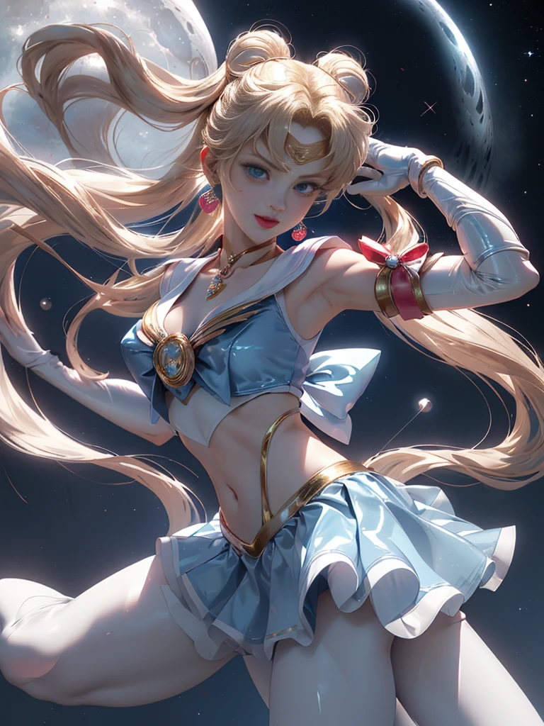 masterpiece、ful:1.3、stands、8k、。.3d、realisitic、Ultra Micro Photography、top-quality、Wallpapers with extreme details CG Unity 8k、frombelow、intricate detailes、(1 female)、28 year old、(Sailor Moon:1.6 Super Bishoujo Senshi Sailor Moon Mer1、meishaonv,tierra、Sailor Senshi Uniform Sailor:1.5、sailormoon:1.5,Eternal Sailor Moon)、(Incredibly long bright twin-tailed blonde:1.4、Thin and very long straight twin tail blonde, Hair buns、Red round hair ornament in a hair bun)、((Sailor Senshi Uniform:1.4、Metallic blue collar,Sailor color in metallic blue,Metallic Blue Pregate Ultra Mini Skirt:1.5、very large red bow on the chest,,Long white latex gloves,Red gloves on the elbows、Bare upper arms,Luxurious golden tiara on forehead、耳Nipple Ring,Luxurious Golden Jewelry Decoration、high leg swimsuit))、Very thin and fit high gloss white holographic leather、High Gloss White Silver Latex SEXY High Leg Cut Swimsuit That Shines Like Oil,Pants are visible,Sexy Model Pose:1.2、dynamicposes:1.2,huge white wings on the back(Details of face:1.5、Blue eyes、Beautiful expression、beautidful eyes、Outline of the iris, Eyes with highlights、thin lipss:1.5、thin and sharp pale eyebrows,、long eyeslashes、Double eyelashes、Thin, thin and muscular,,a small face、tall and large chest、perfectly proportions、big breasts thin waist、Visible Pore、seducting smile、perfect hand:1.5、octan render、highly dramatic picture、(Lunar divinity,cosmic background、rays of moonlight、a moon、Dynamic backgrounds、exquisite lighting and shadow、dynamic ungle、Detailed background),Strong natural light、sunlights、Digital SLR、sharp focus: 1.0、Maximum clarity and sharpness、mecha musume,(Rabbit, Double bun, Twin-tailed, Parted bangs, circlet, Jewelry, earrings, Choker, Red bow, White Gloves, elbow groves, Blue skirt)