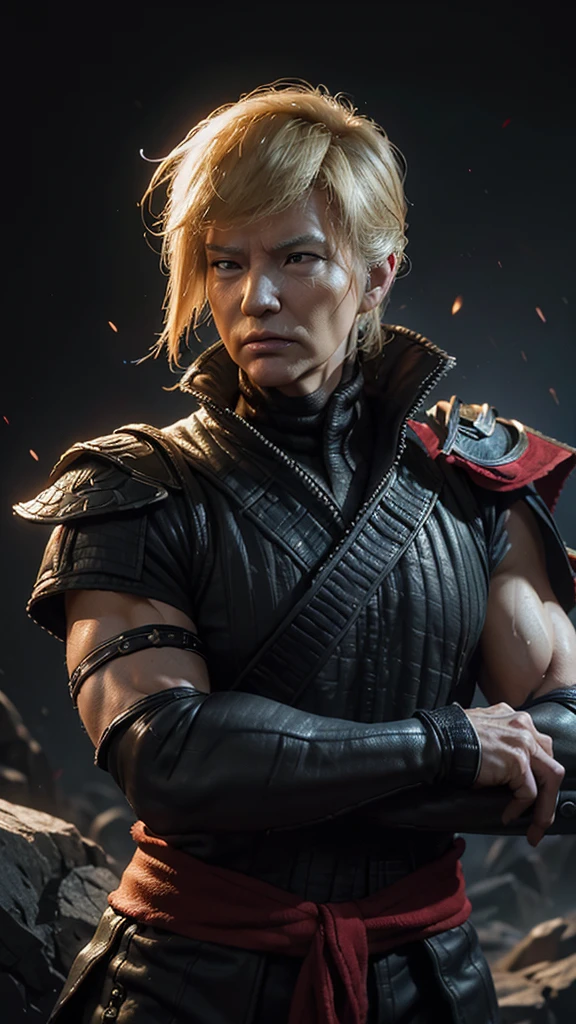 (Best quality:1.1), ((Donald Trump)) as a mortal Kombat character, firing, hdr, (highly detailed facial texture), mortal Kombat background, lights, rocks, armory,