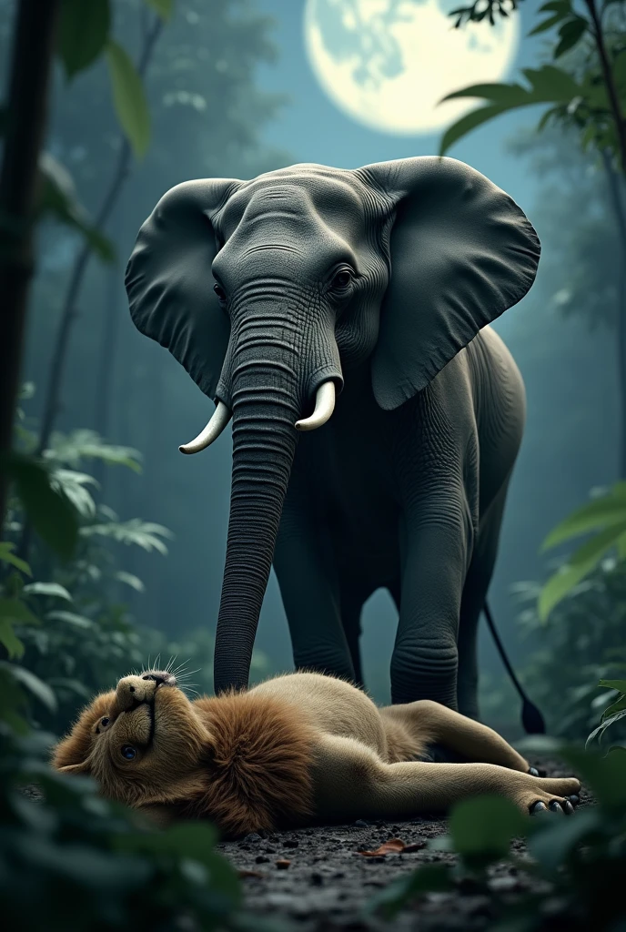 In a moonlit jungle, a lion lies dead on its back with its legs spread open. An elephant stands with one foot on the lion’s stomach and the other foot behind the lion. Both of their faces are facing forward.