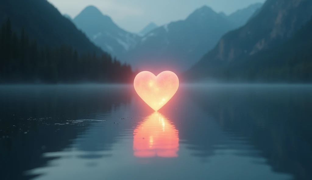 A peaceful scene of a heart-shaped glowing light floating above a calm and still lake, with soft reflections on the water, representing peace and trust filling the heart. ar 16:9