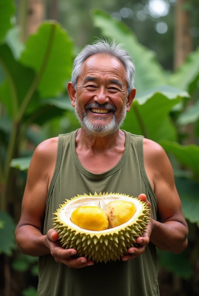 A 35 year old tanned skin chubby man smiling while holding a "musang king" durian