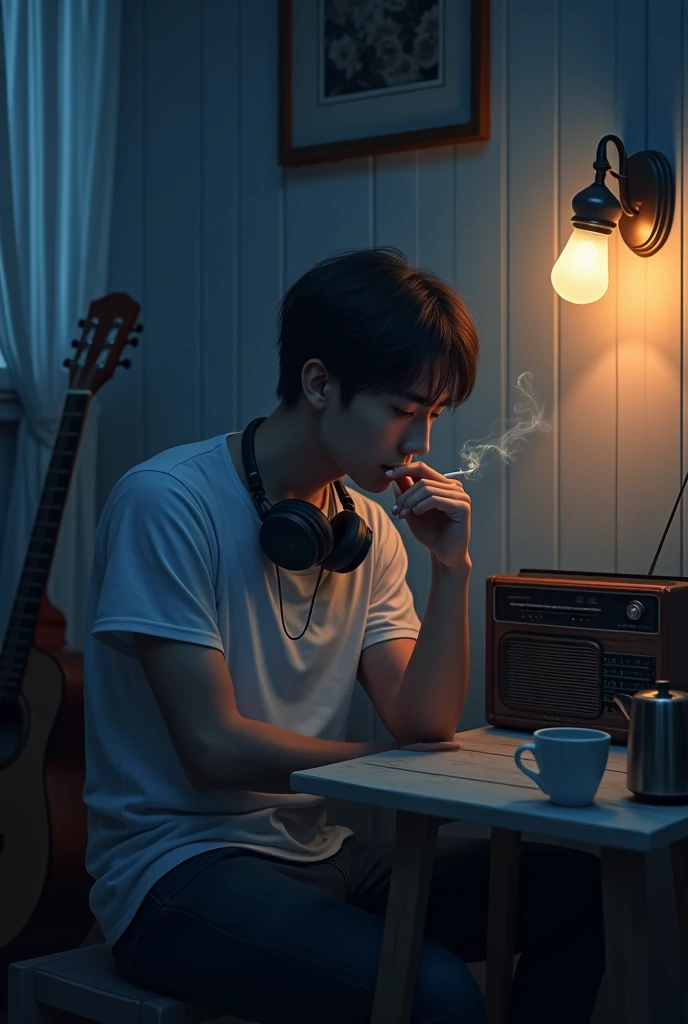 (photorealism:1.2), a handsome young man(1 inch short hair, wearing a white t-shirt headphones around his neck, sitting with his head down in thought, di teras rumah dithe night, holding a cigarette with smoke coming out of the tip of the cigarette(like real), house with white paint, the night, there is a small radio, kettle and cup of coffee on the table, the guitar was leaning against the wall near him, 5 watt wall lamp