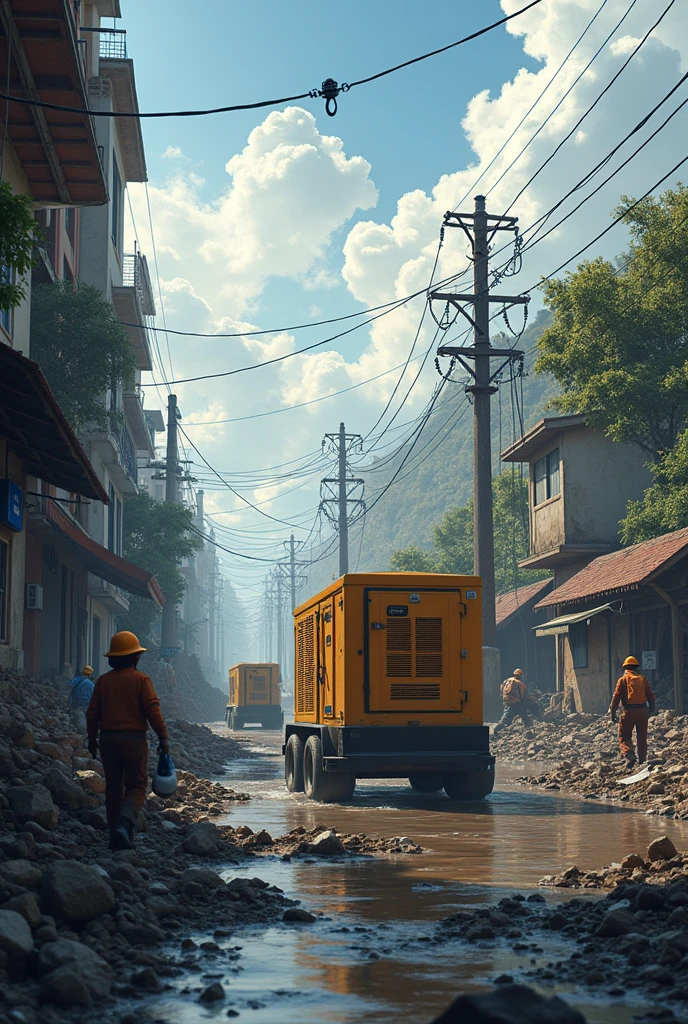Shows an area affected by a disaster, like an earthquake, flood or storm. You can include damaged buildings, debris, Fallen trees and flooded areas. The sky could be cloudy or with signs of catastrophe.
where there are victims and relief agencies helping, In addition to having an electric power generator working, The generator is the main part of the image