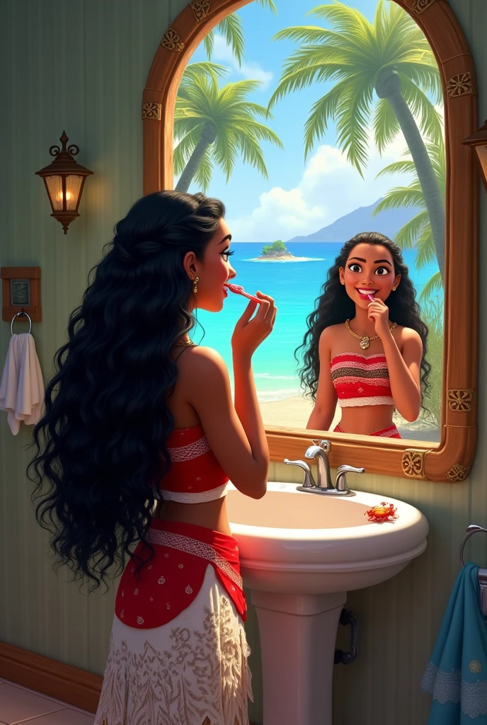 create a imagem of Disney princess Moana brushing her teeth