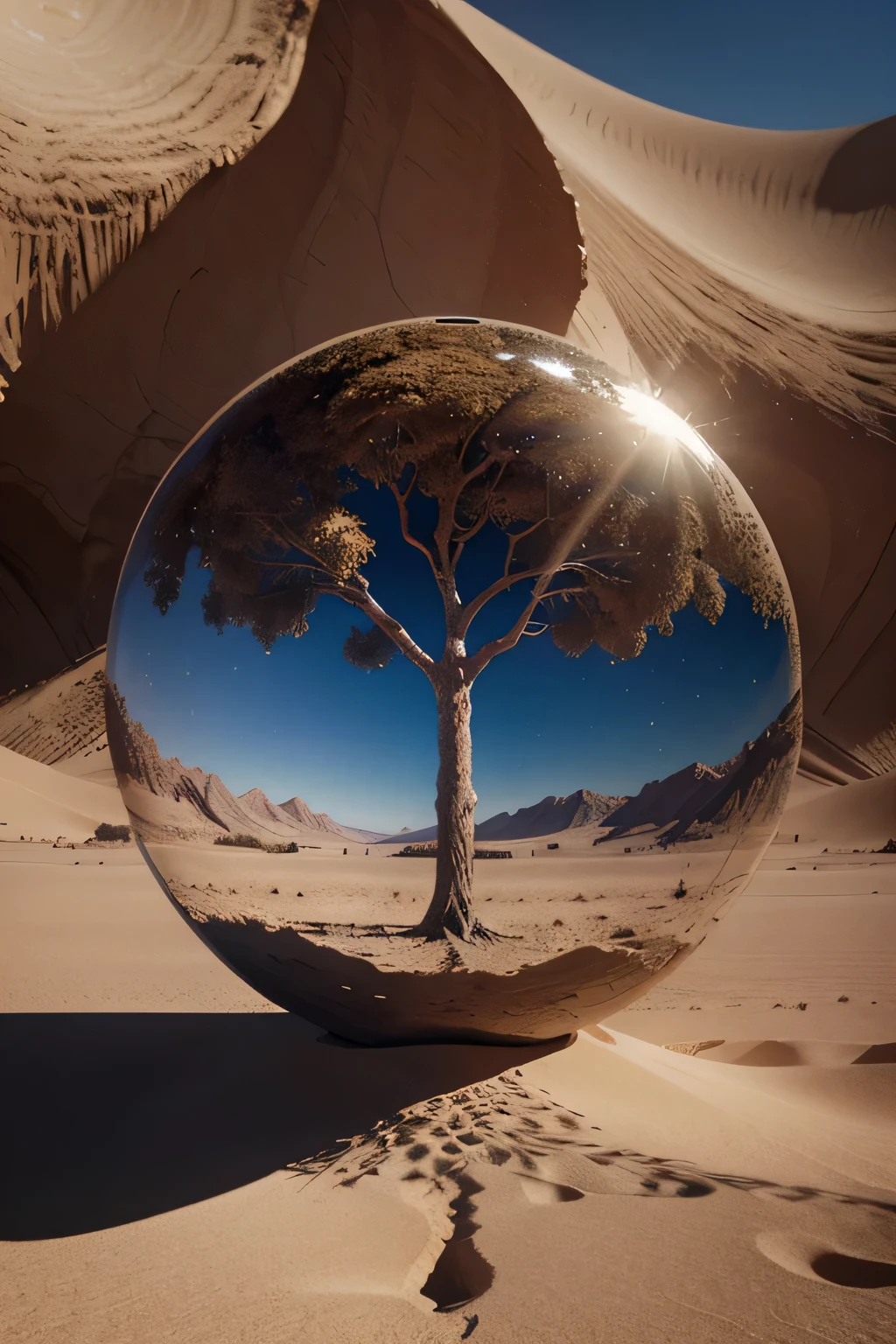 A scratched image of a tree inside a crystal ball in a desert landscape, tree of life inside the ball, surreal digital artwork, Surrealism 8k, surreal digital art, surreal art, surreal 3 d render, 3d rendering digital art, Marcos Adams, Surreal conceptual art, 3D rendering beep, Stylized digital art, 4 k surrealism